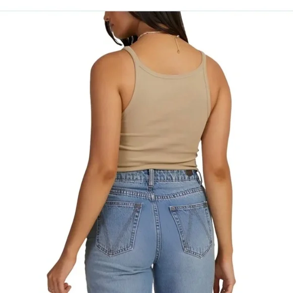 RVCA Haru Slide Graphic Tank Top Tan Ribbed Stretch Cropped NEW Women's Sz Large - Picture 2 of 13